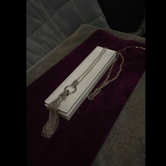 Silver Chain Tassle Long Necklace with Rhinestone Clasps and Heart Clasp - Picture 8 of 11